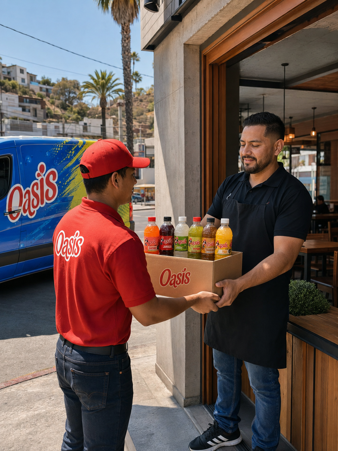 Repartidor de Aguas Oasis entregando una caja de bebidas a un restaurante de Tijuana