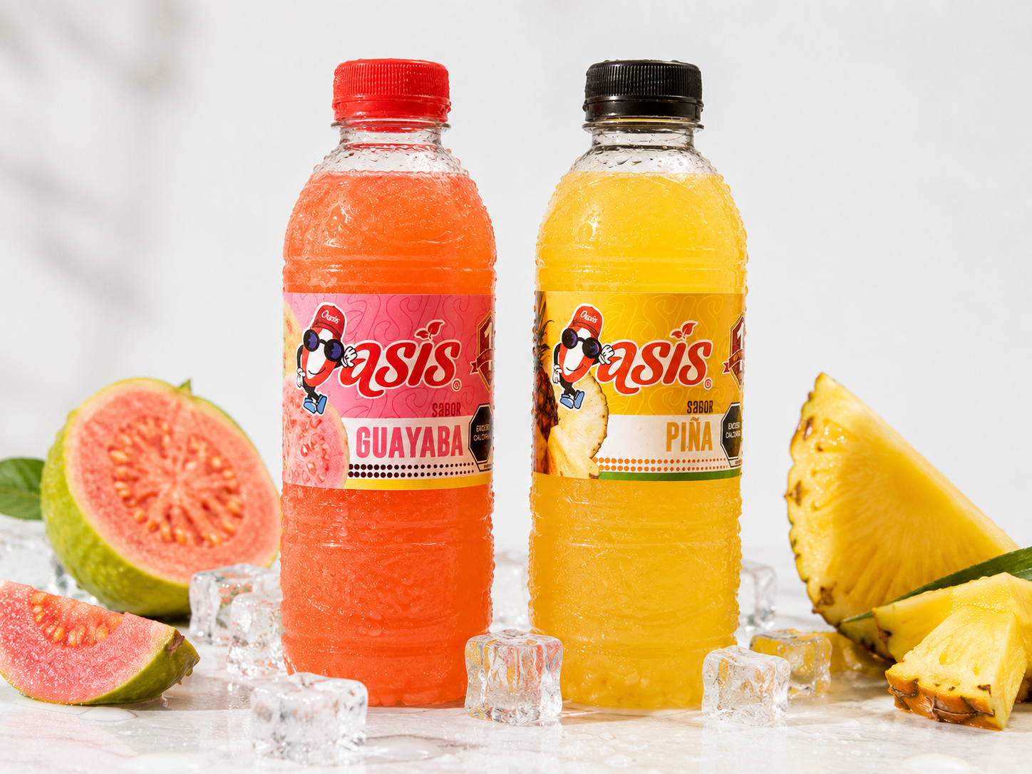 Botellas de agua de guayaba y piña Aguas Oasis con fruta fresca