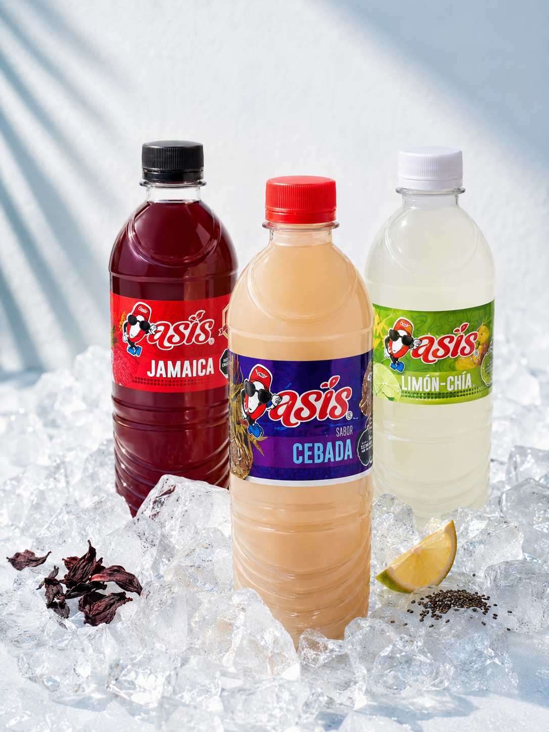 Tres botellas frías de Aguas Oasis: jamaica, cebada y limón con chía