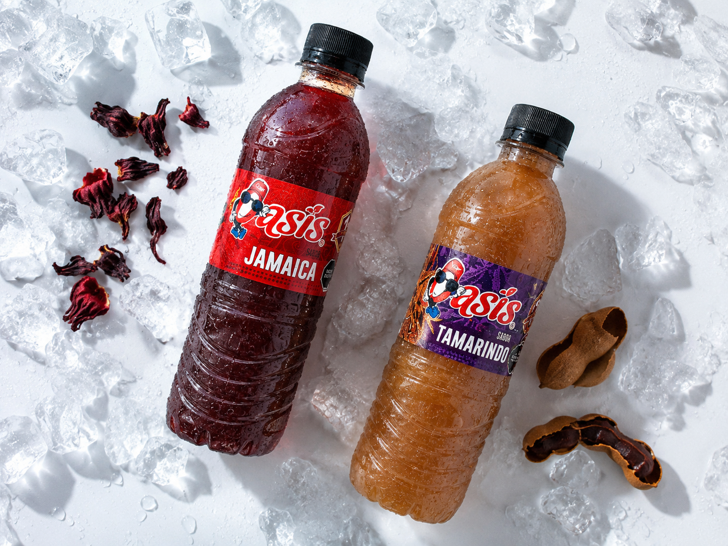 Botellas de agua de jamaica y tamarindo Aguas Oasis entre hielo y fruta