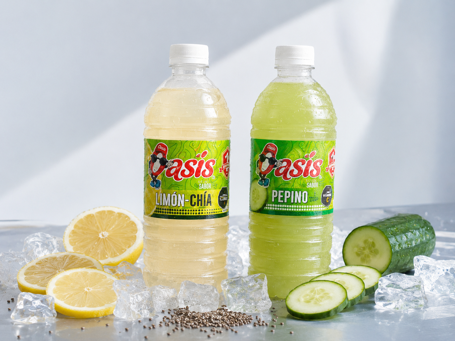 Botellas de agua de limón con chía y pepino Aguas Oasis