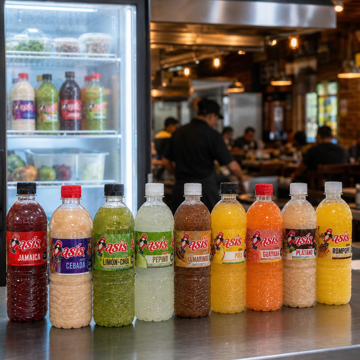Variedad de botellas Aguas Oasis sobre la barra de una taquería de Tijuana